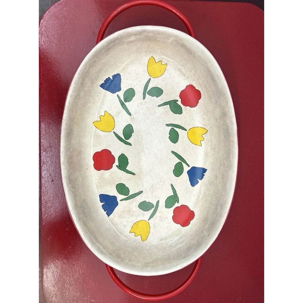 Handcrafted Tulip Blossoms on Ceramic Oval Platter Baking Dish With Stand 80's‎